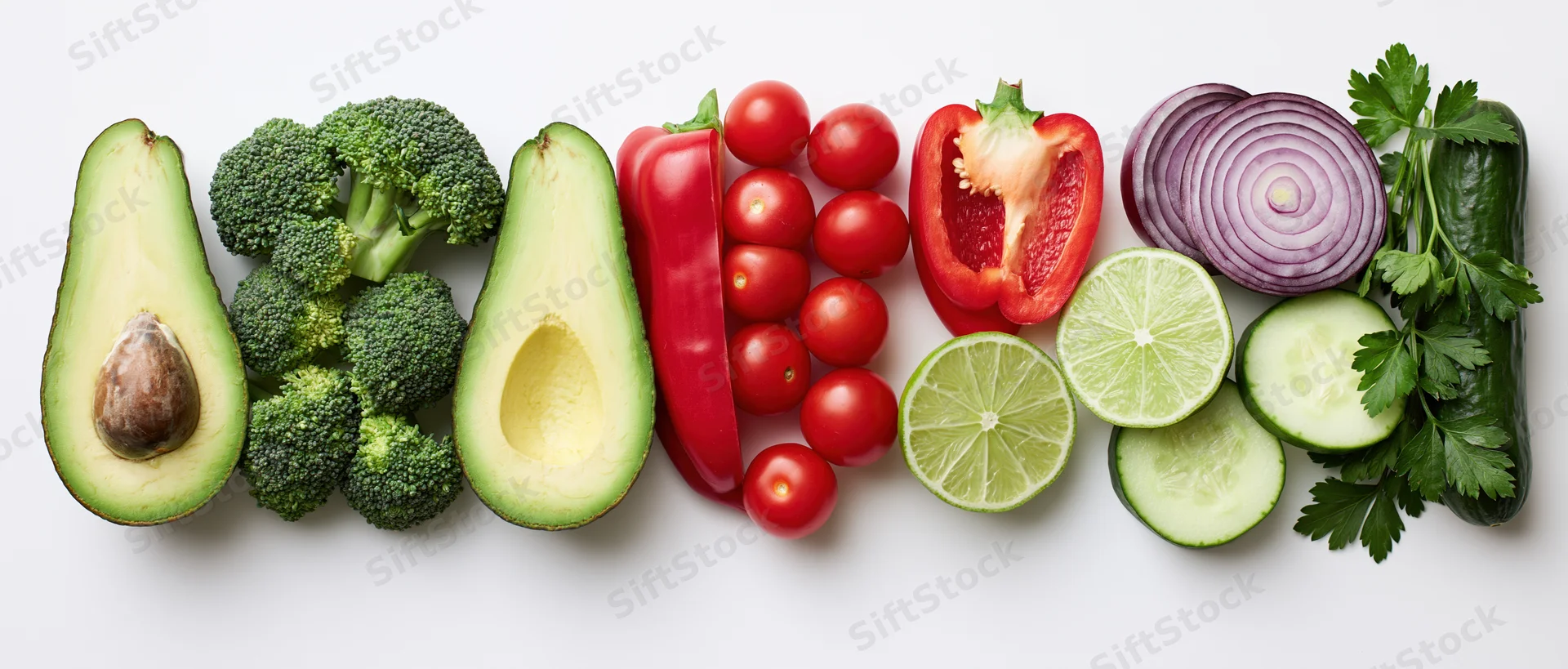 Fresh vegetables and fruits arranged in a row on white background