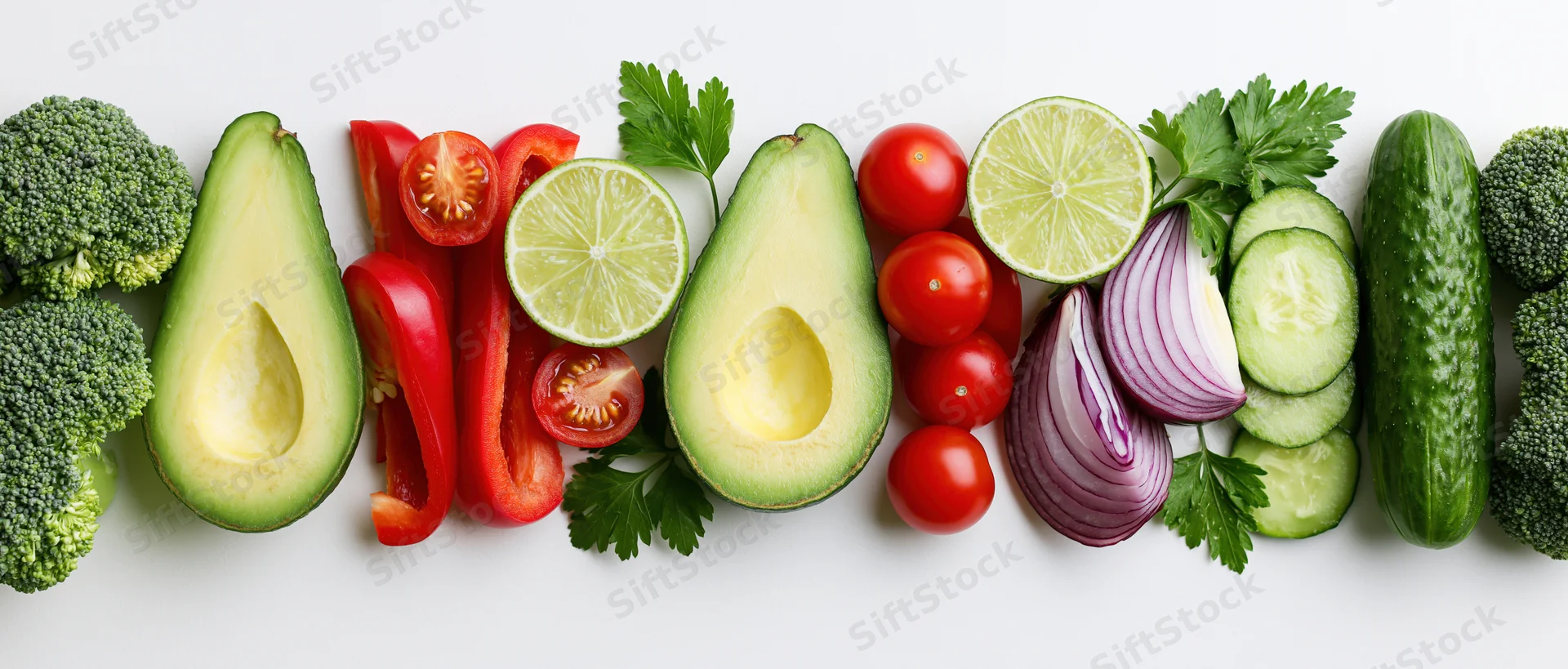 Fresh vegetables and fruits arranged in a flat lay on white background