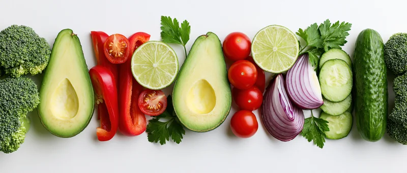 Fresh vegetables and fruits arranged in a flat lay on white background