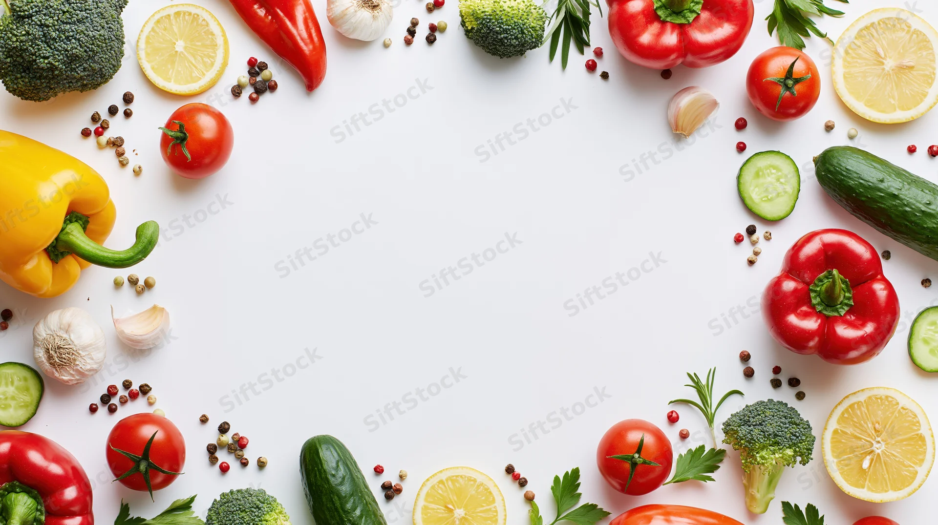 Fresh vegetables and herbs arranged in a border on white surface with copyspace