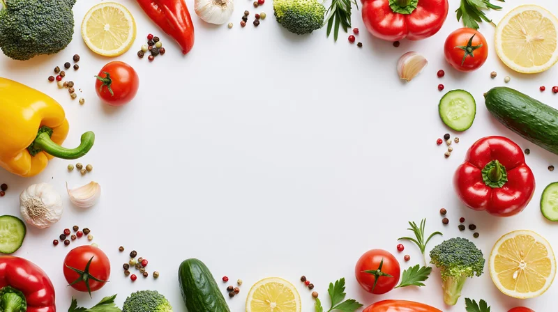Fresh vegetables and herbs arranged in a border on white surface with copyspace