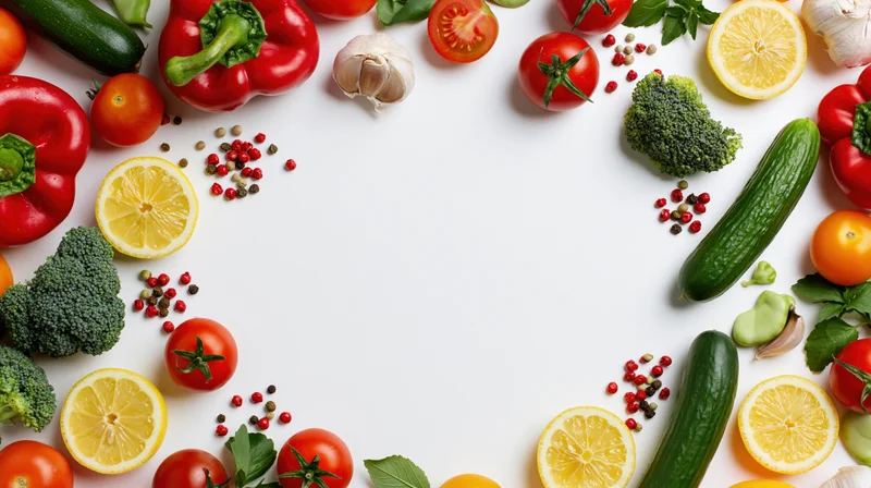 Fresh vegetables and herbs arranged in a border on white surface with copyspace