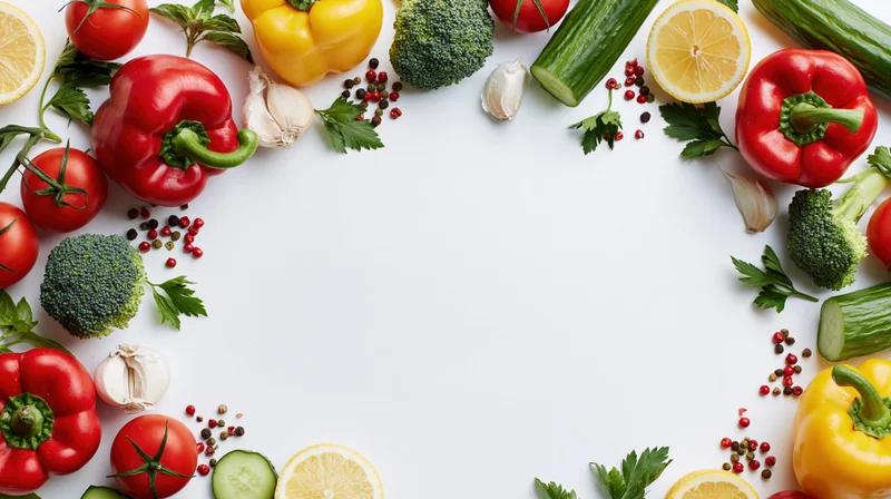 Fresh vegetables and herbs arranged in a border on white surface with copyspace