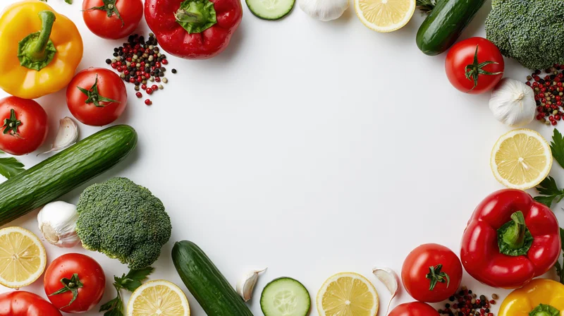 Fresh vegetables and herbs arranged in a border around a white surface