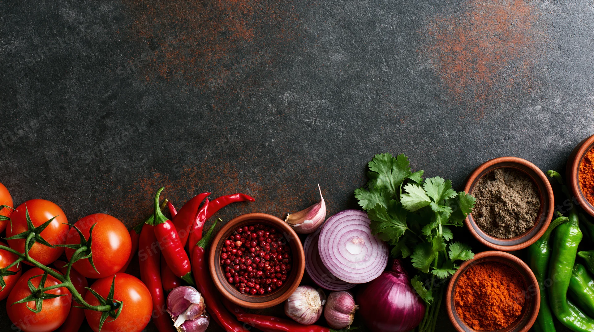 Fresh vegetables and spices arranged along the bottom of a dark textured surface with copyspace above