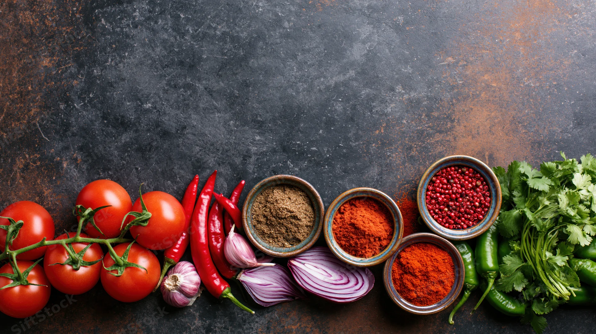 Fresh vegetables and spices arranged in a row on a dark textured surface with copyspace above