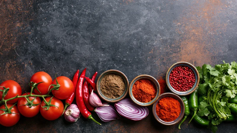 Fresh vegetables and spices arranged in a row on a dark textured surface with copyspace above