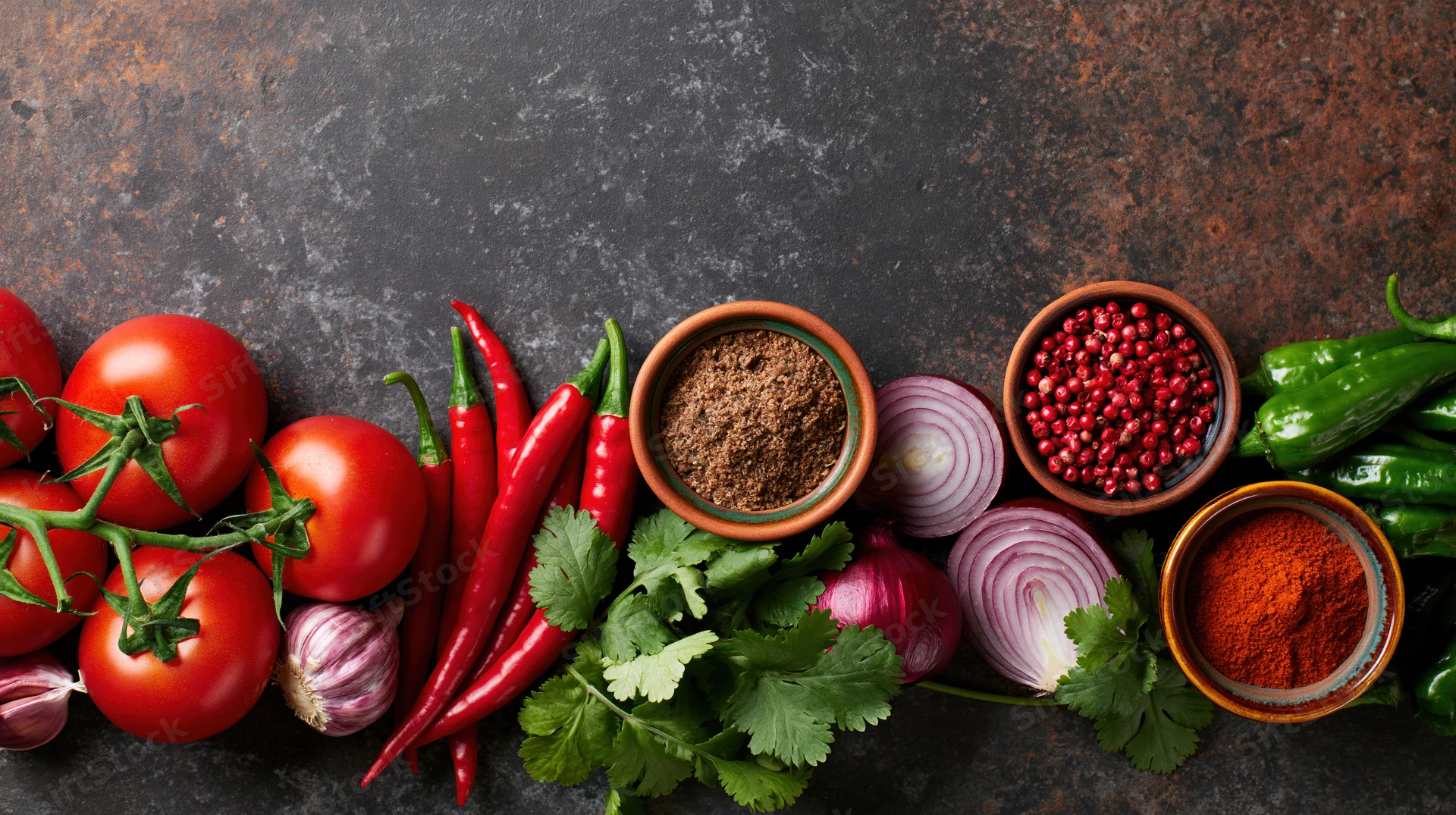 Fresh vegetables and spices arranged in a flat lay on a dark textured surface with copyspace