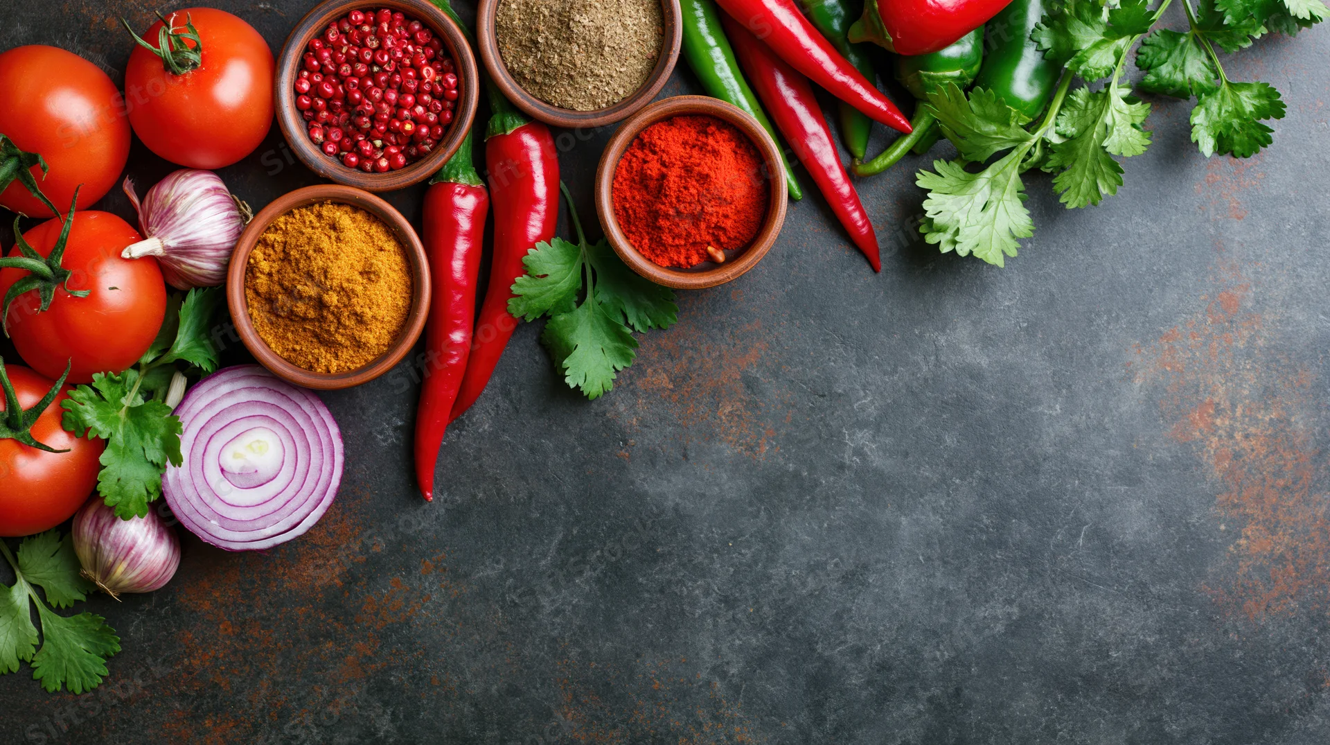 Fresh vegetables and spices arranged along the top of a dark rustic surface with copyspace below