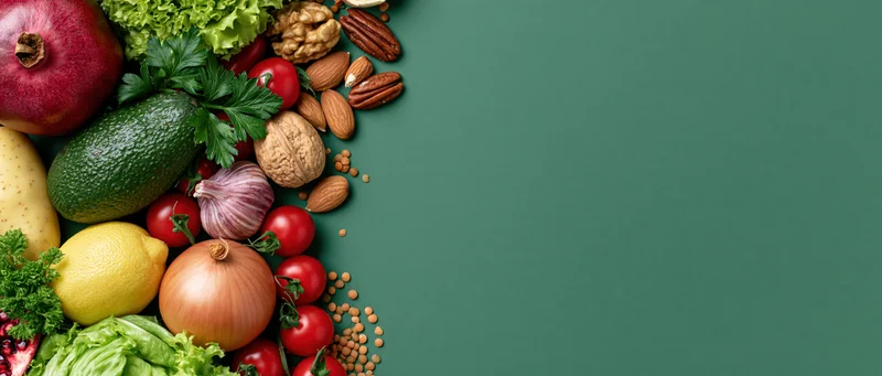 Fresh vegetables fruits and nuts arranged along left side of green surface with copyspace on right