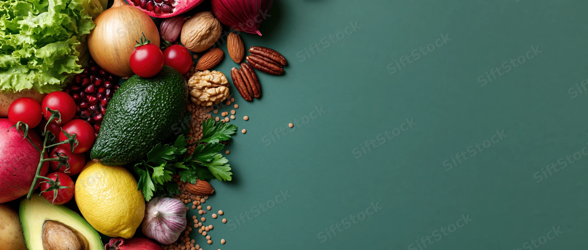 Fresh vegetables fruits and nuts arranged in flat lay on green surface with copyspace