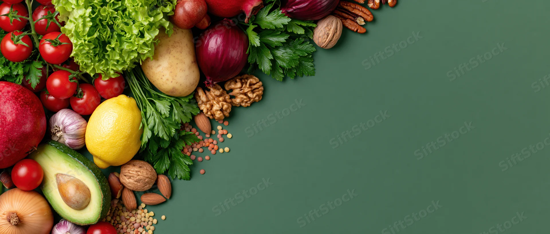 Fresh vegetables fruits and nuts arranged in corner on green surface with copyspace