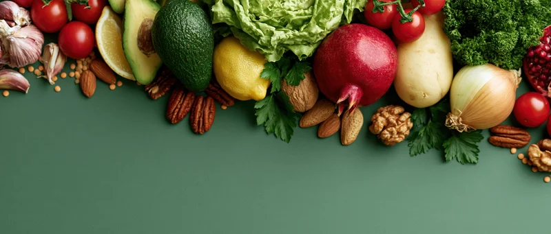Fresh vegetables fruits and nuts arranged in a flat lay on a green surface with copyspace below