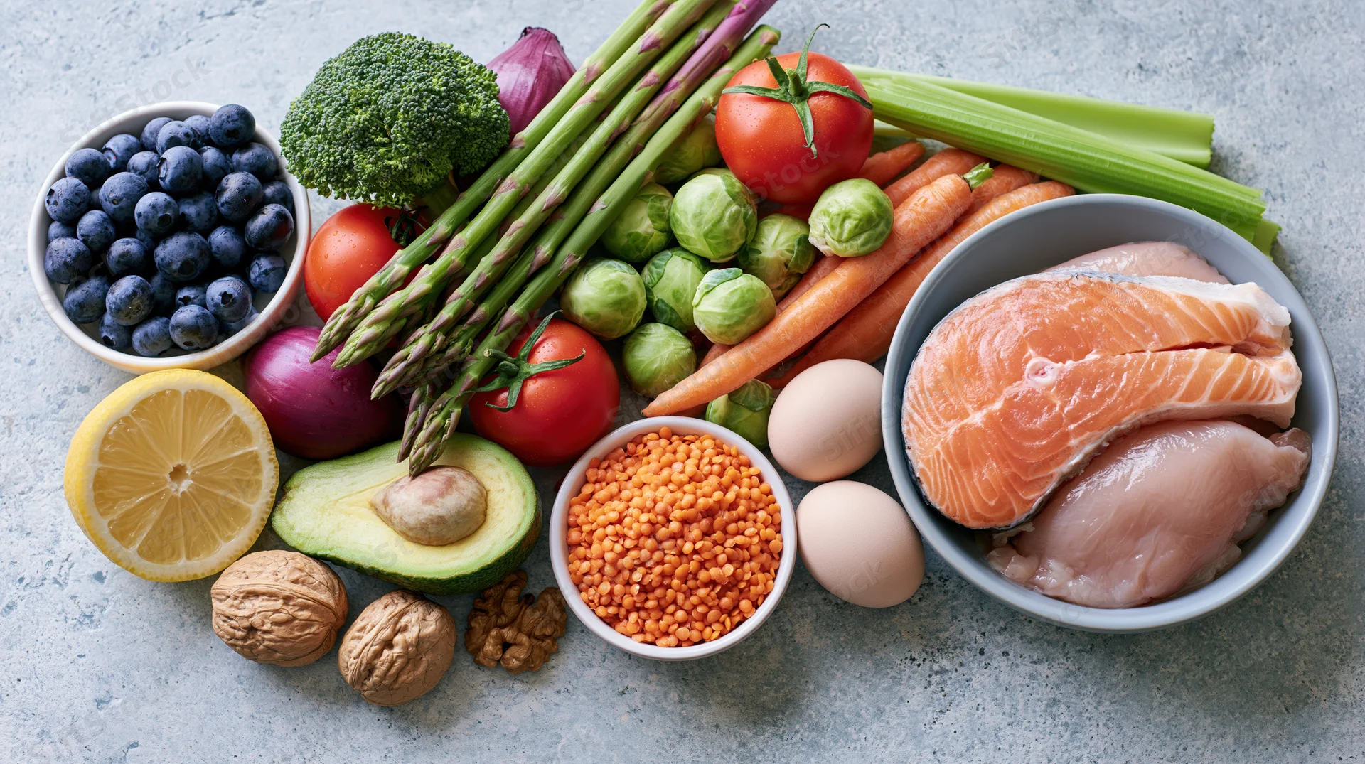Fresh whole foods including salmon, chicken, vegetables, fruits, nuts, eggs and lentils arranged on a light grey surface