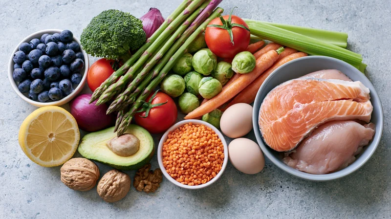 Fresh whole foods including salmon, chicken, vegetables, fruits, nuts, eggs and lentils arranged on a light grey surface
