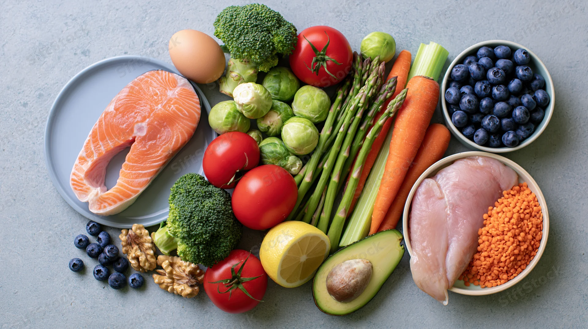 Fresh whole foods arranged in a flat lay on a gray surface