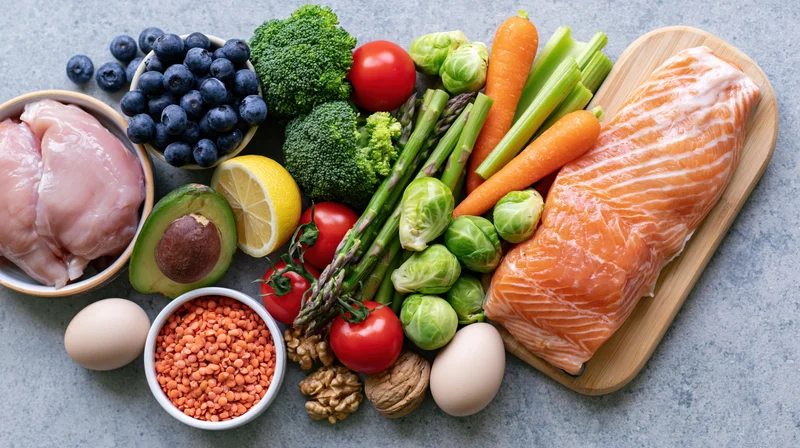 Salmon fillet and assorted fresh vegetables, fruits, and proteins arranged on a grey surface in a flat lay composition