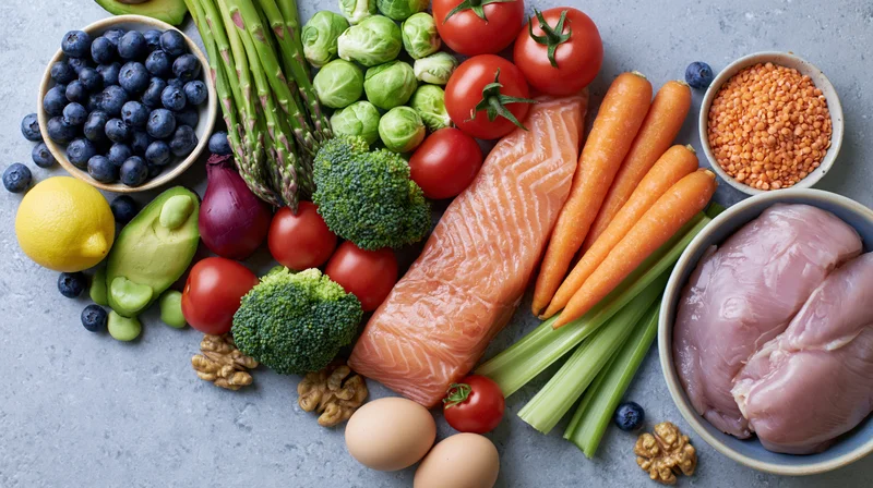 Fresh whole foods including salmon, chicken, vegetables and fruits arranged in a flat lay on a gray surface