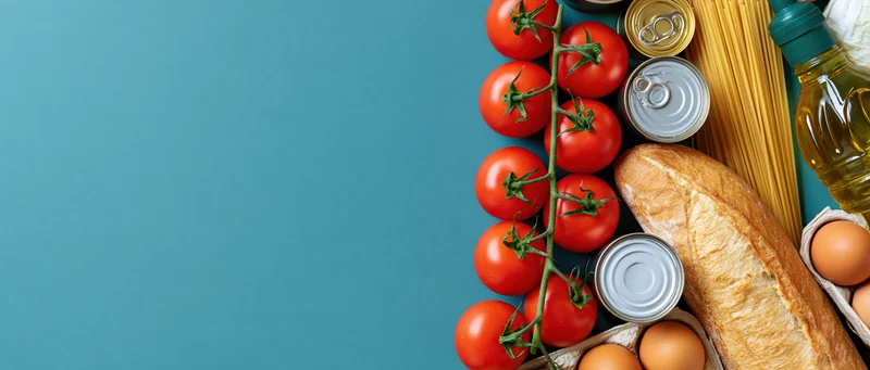 Grocery staples arranged along the right edge of a blue surface with copyspace on the left