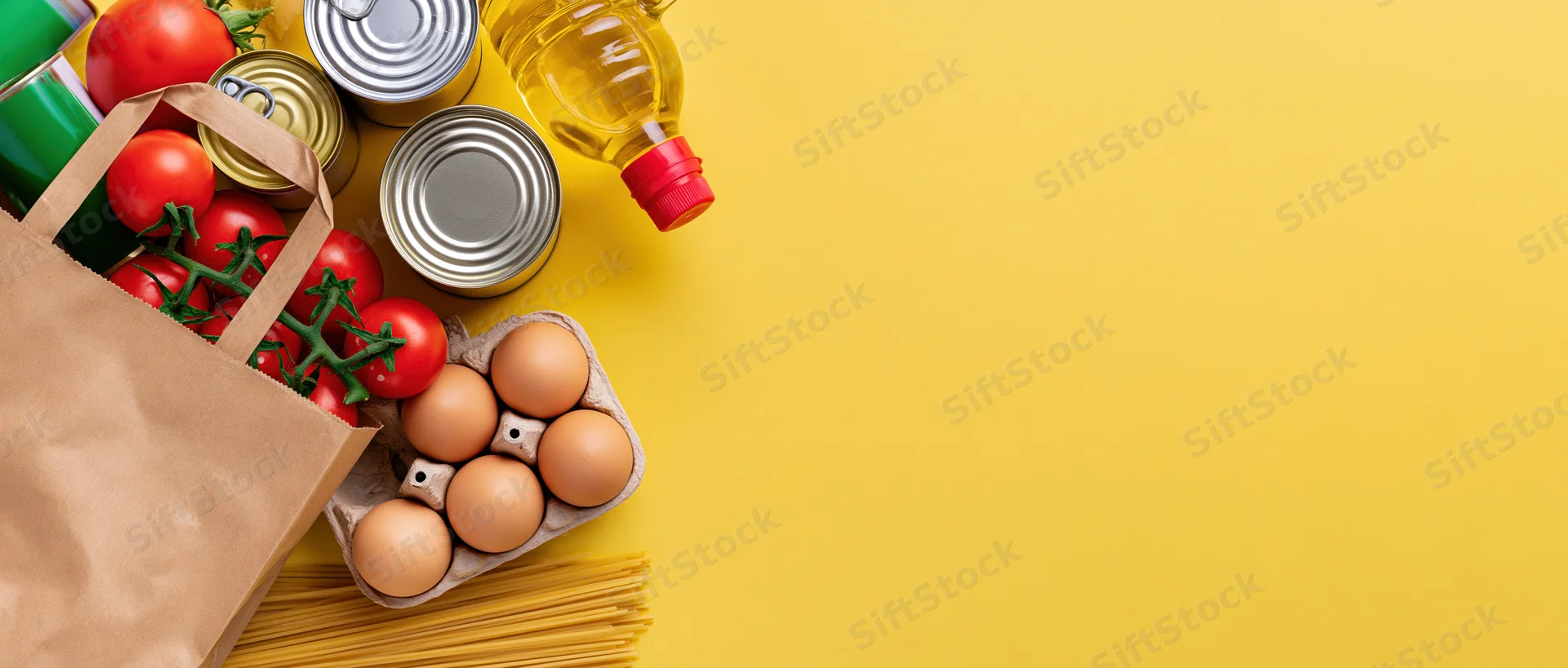 Grocery staples arranged on a bright yellow surface with copyspace