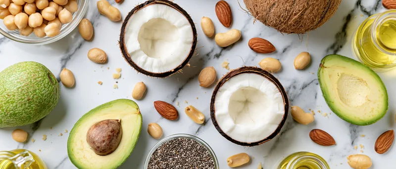 Healthy fats ingredients arranged on white marble surface