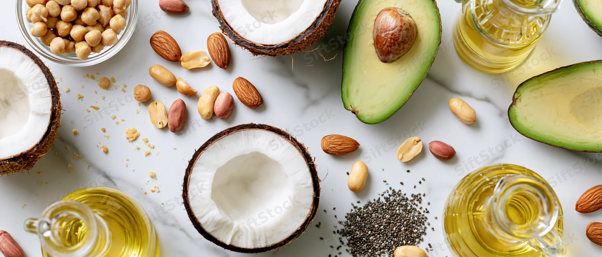 Healthy fats ingredients arranged on white marble countertop in flat lay view