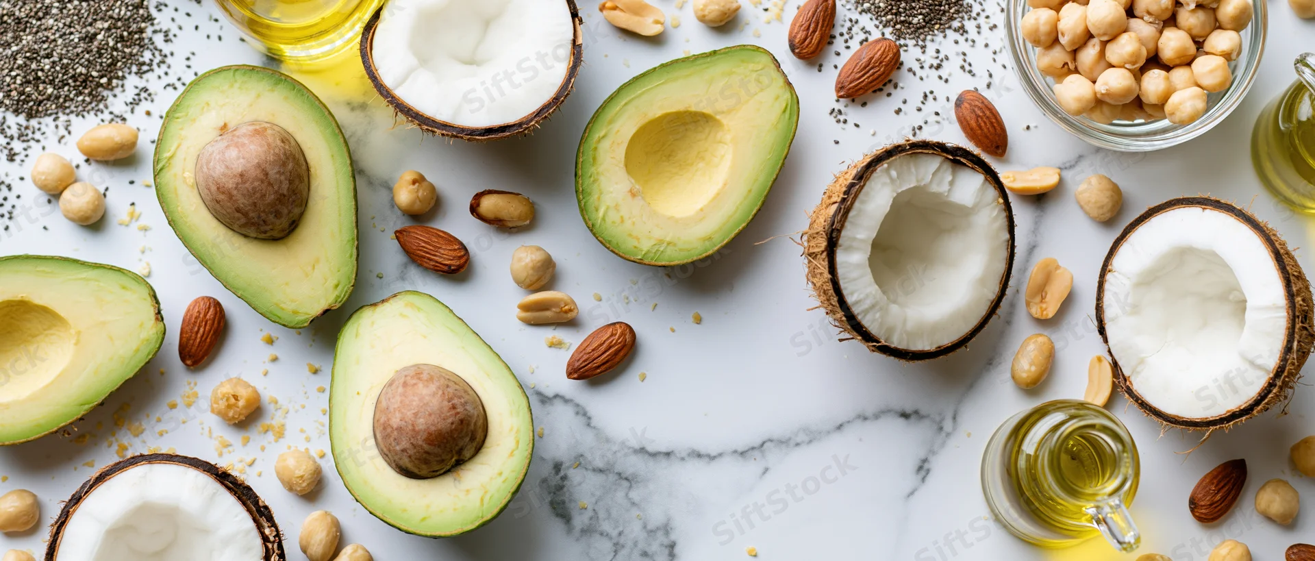 Halved avocados, coconuts, nuts and oil arranged on a marble surface in a flat lay composition