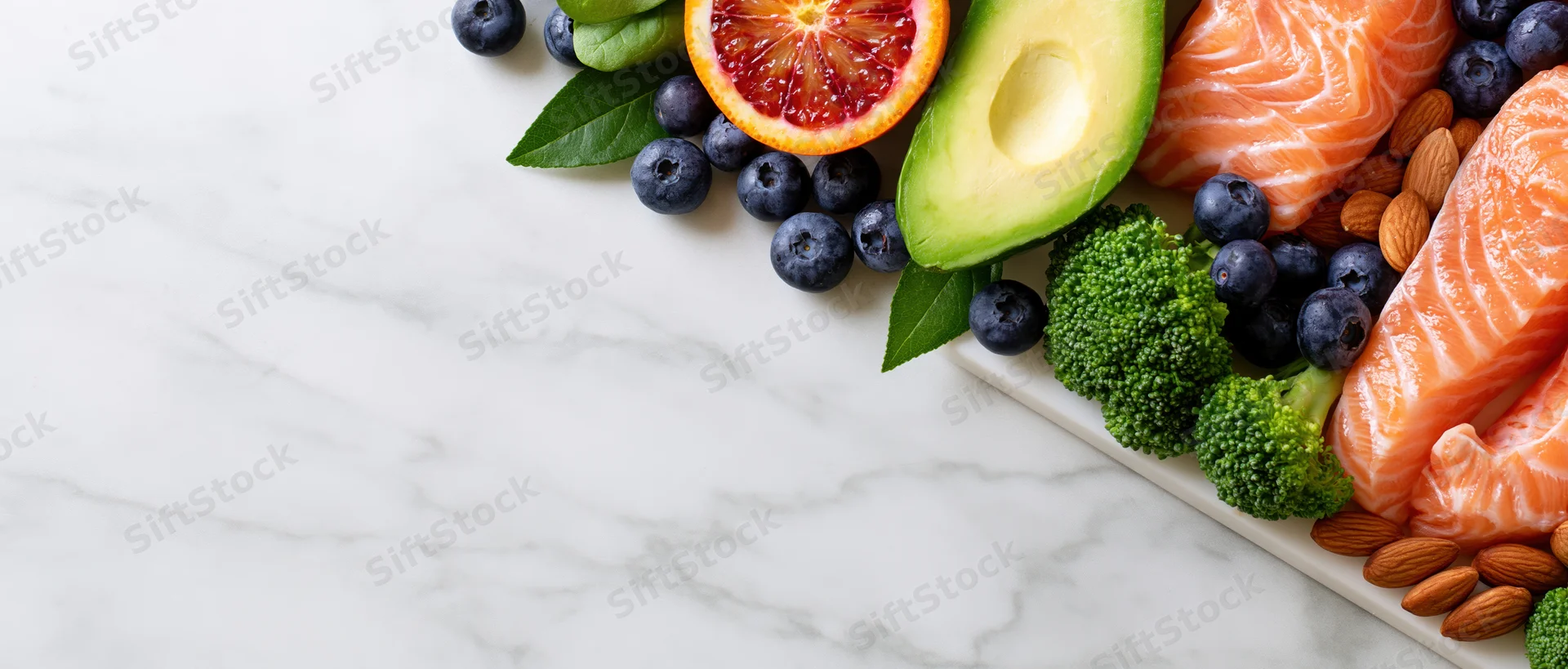 Healthy foods arranged along the right edge of a marble countertop