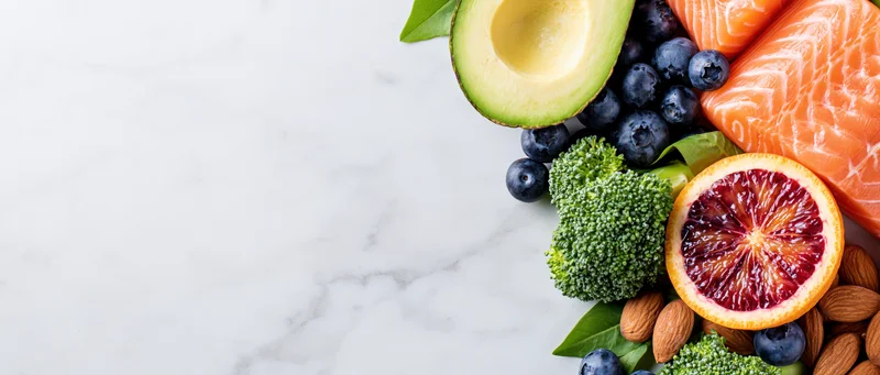 Healthy foods arranged along right edge of marble surface
