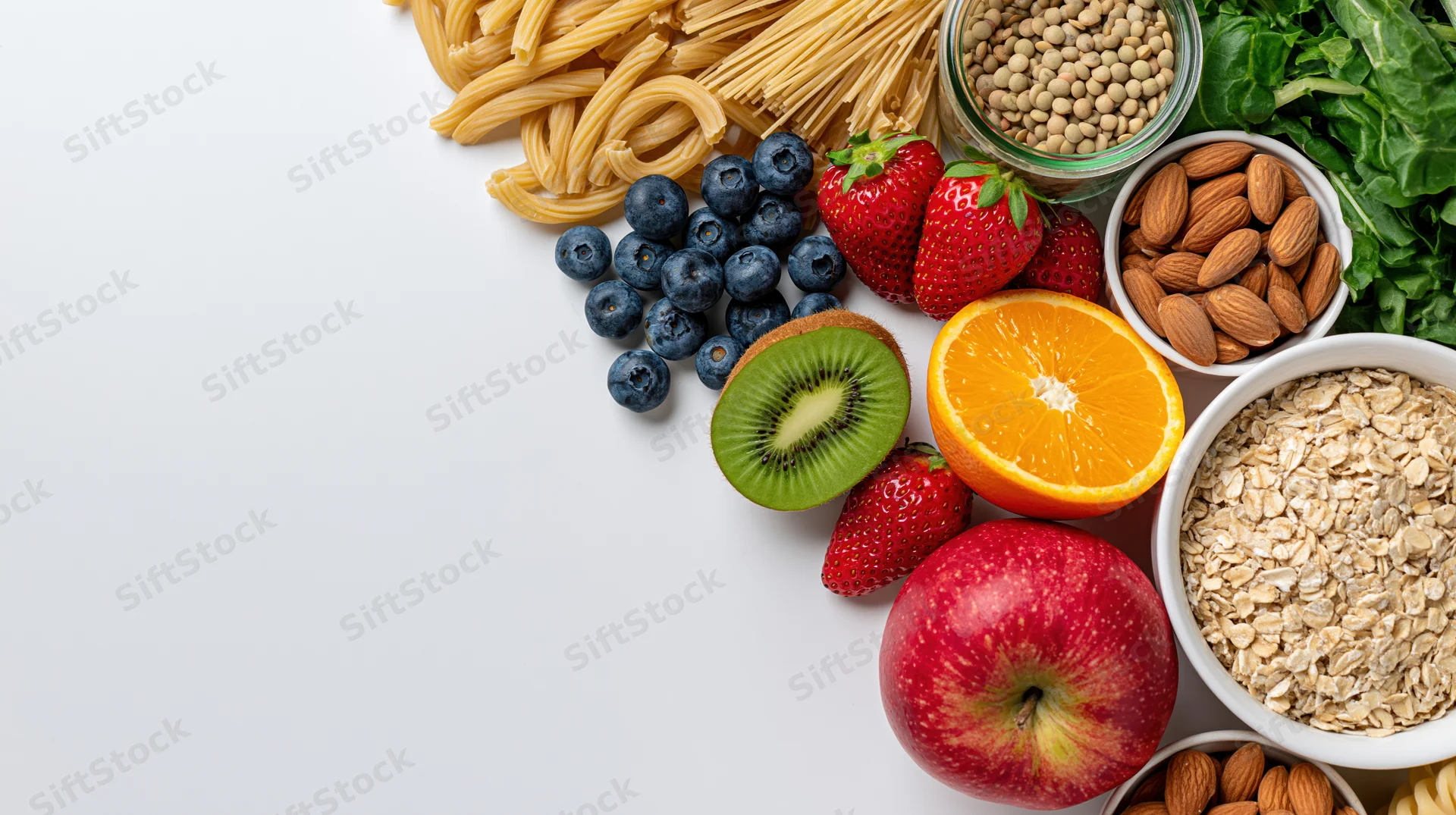 Healthy whole foods arranged in a flat lay on white surface with copyspace on left