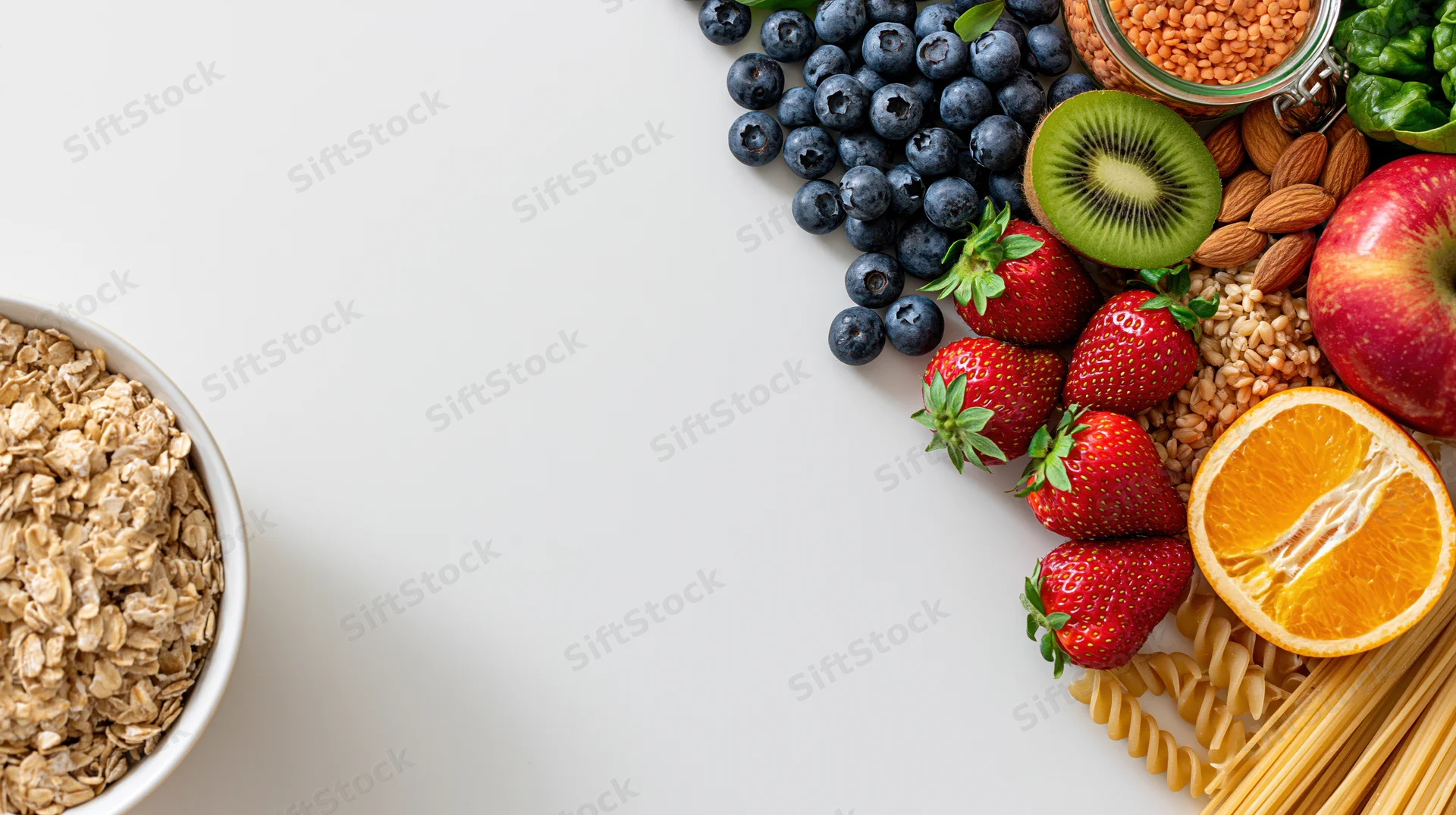 Healthy whole foods arranged along the right side of a white surface with copyspace on the left