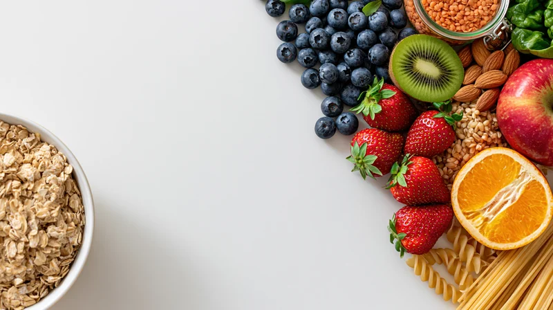 Healthy whole foods arranged along the right side of a white surface with copyspace on the left