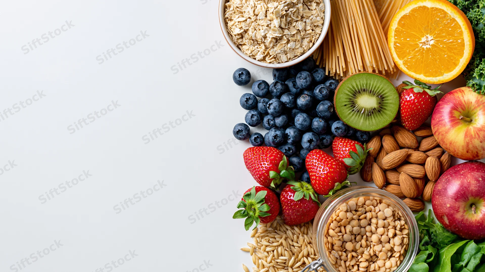 Healthy whole foods arranged along the right side on white background