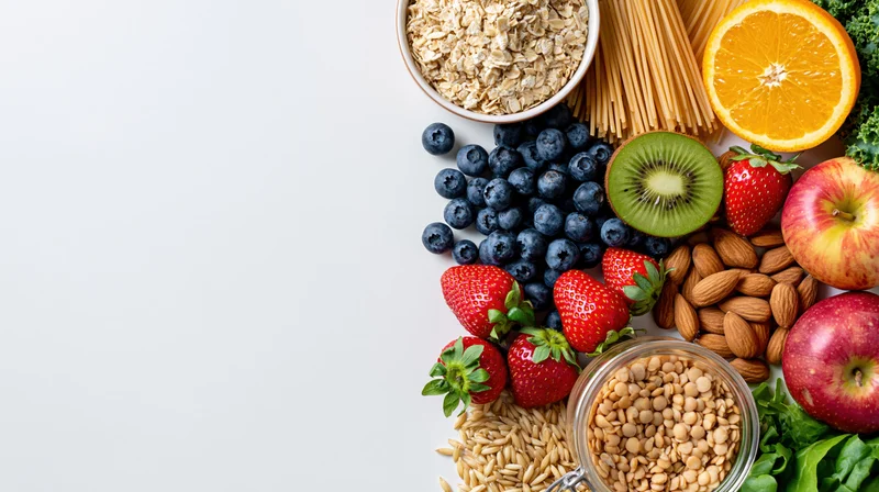 Healthy whole foods arranged along the right side on white background