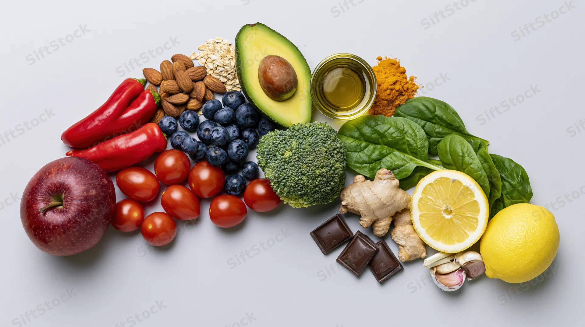 Colorful whole foods arranged in a rainbow pattern on white background