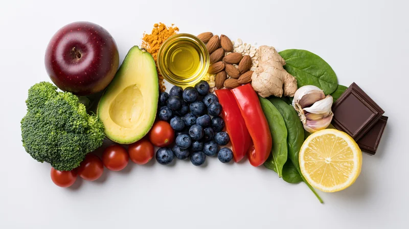 Colorful whole foods arranged in a loose rainbow pattern on white surface
