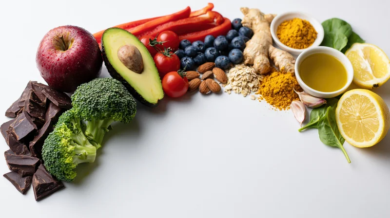 Healthy whole foods arranged in a rainbow pattern on white surface