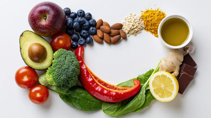 Healthy whole foods arranged in a rainbow pattern on white surface
