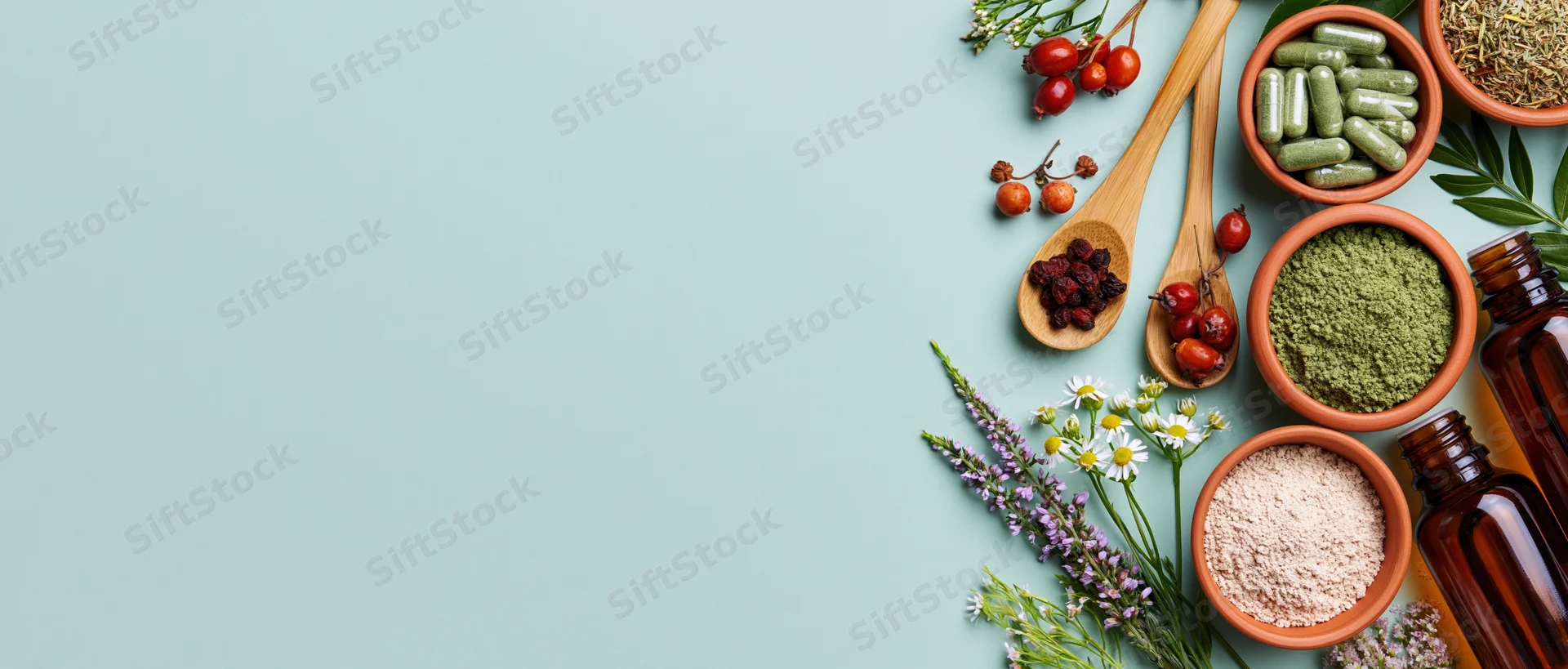 Herbal supplements and botanical ingredients arranged in clay bowls and wooden spoons on a light blue surface with copyspace