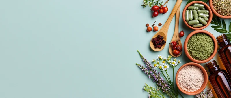 Herbal supplements and botanical ingredients arranged in clay bowls and wooden spoons on a light blue surface with copyspace
