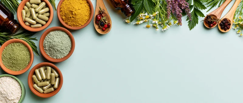 Herbal supplements and dried powders arranged in clay bowls and wooden spoons on a light blue surface with copyspace