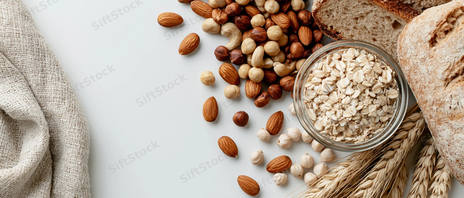 Mixed nuts and rolled oats in a glass bowl with bread and wheat stalks arranged on a light surface