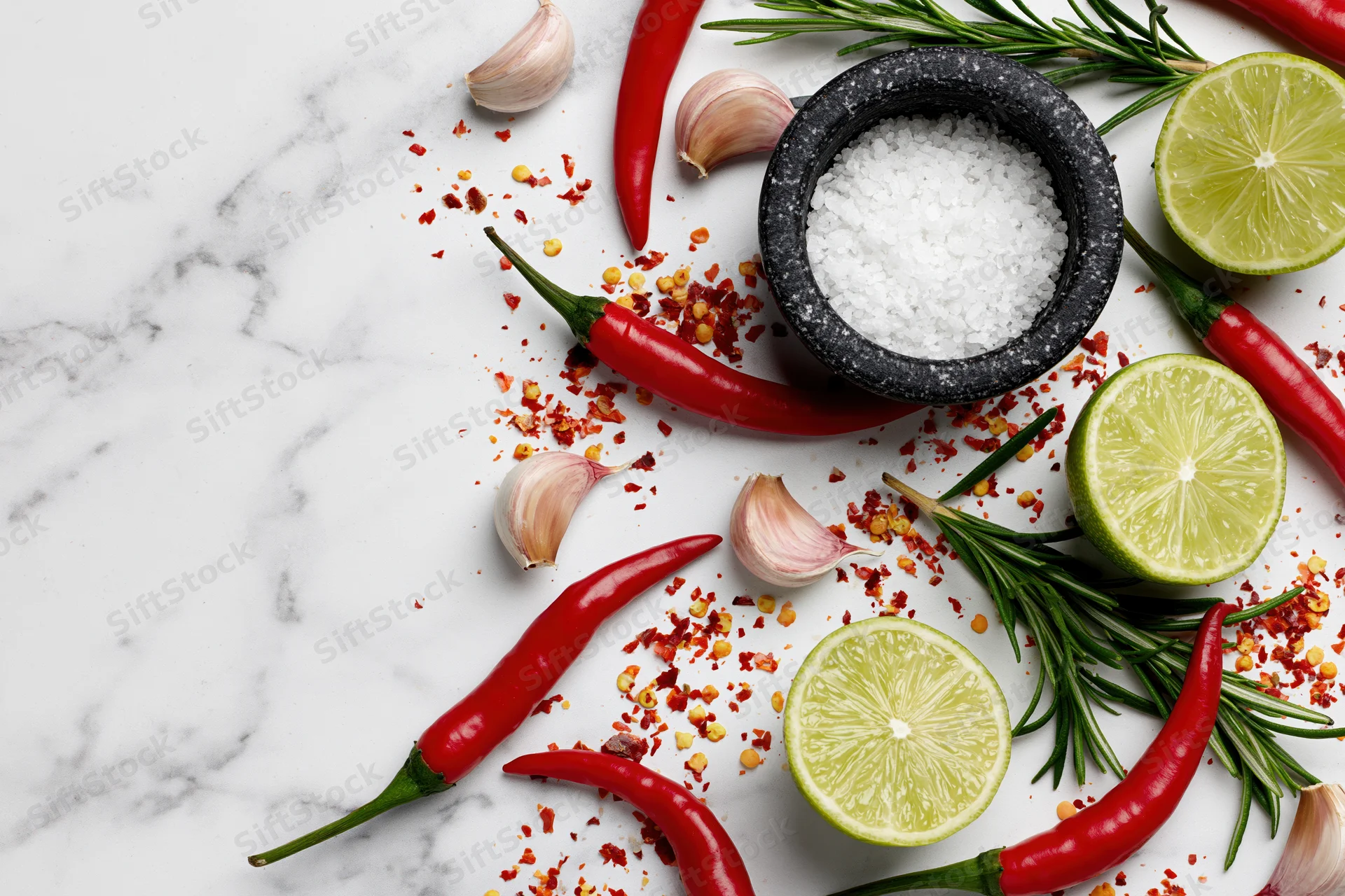 Red chili peppers, halved limes, garlic cloves, rosemary, and salt in a mortar arranged on a white marble surface