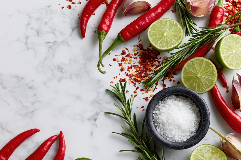 Red chili peppers, halved limes, garlic cloves, rosemary, and salt arranged on a marble countertop in a flat lay composition