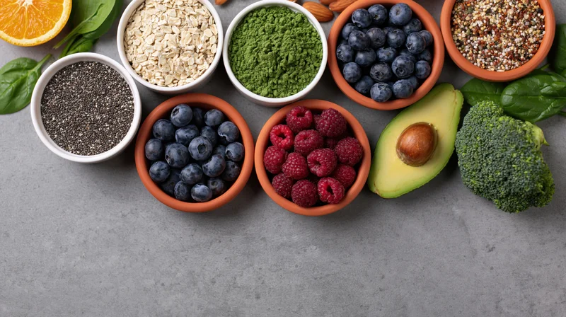 Superfoods and healthy ingredients arranged in bowls on a gray surface