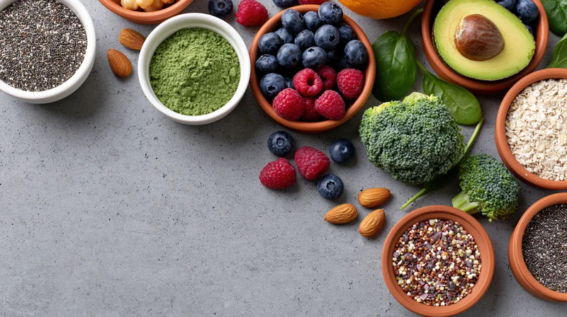 Superfoods and healthy ingredients arranged in bowls on a gray surface with copyspace