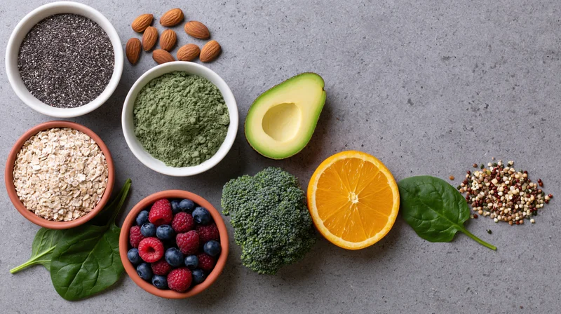 Superfoods and healthy ingredients arranged in bowls and piles on a gray surface