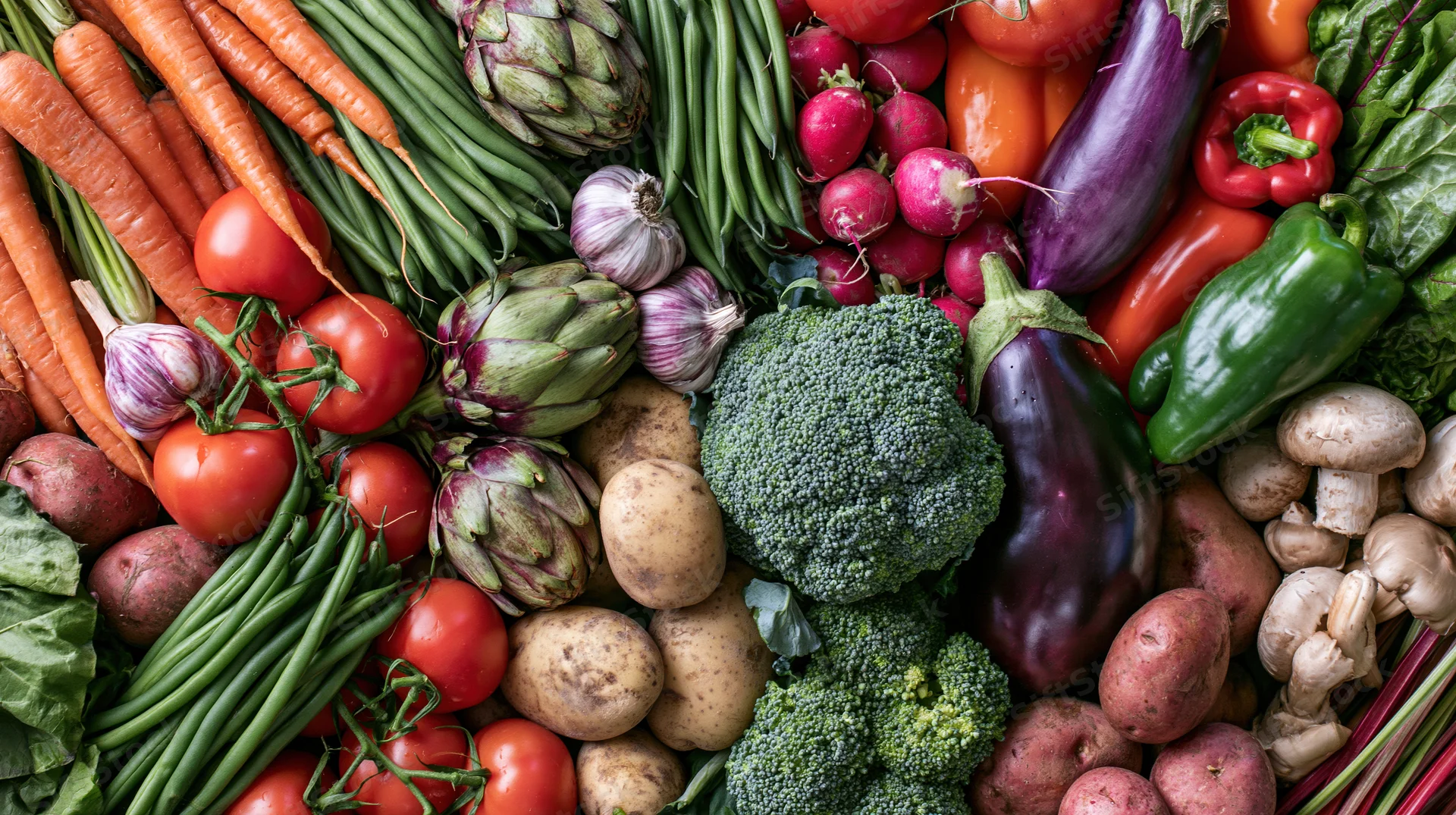 Overhead flat lay of fresh raw vegetables arranged densely in a kitchen setting