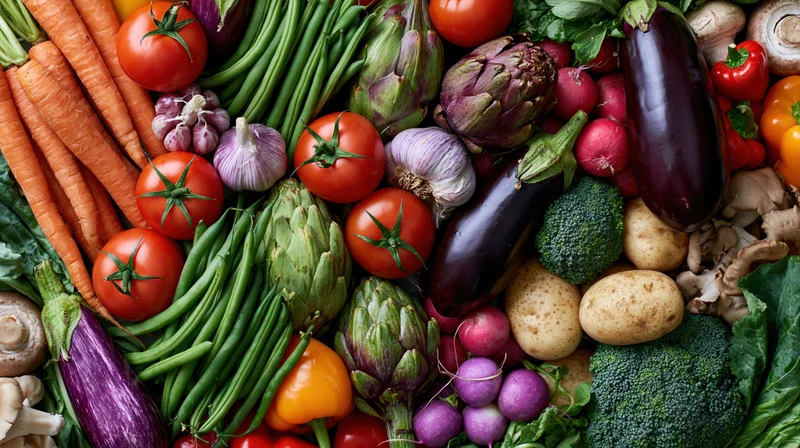 Overhead flat lay of fresh raw vegetables arranged densely on a surface