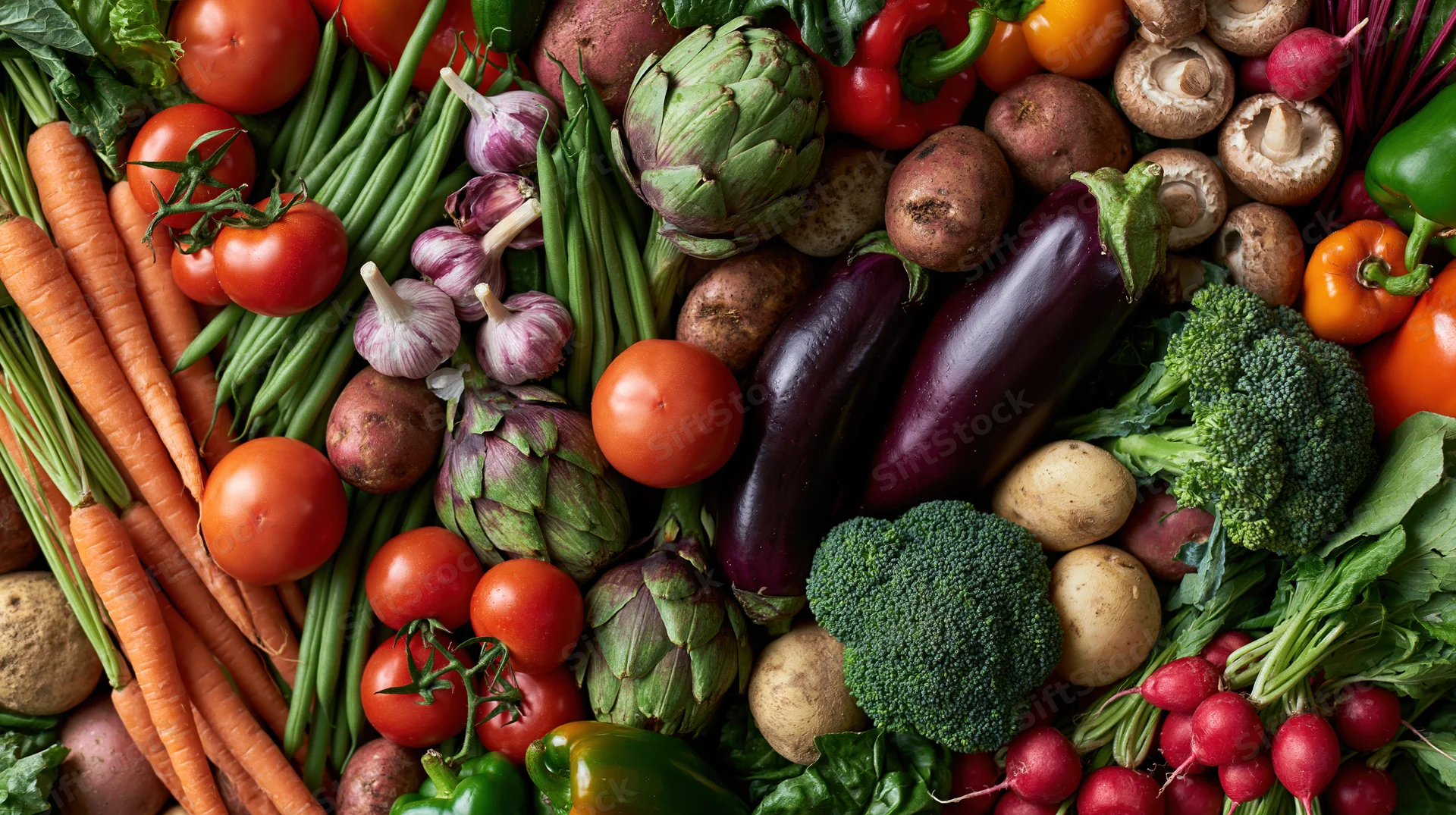 Overhead flat lay of fresh raw vegetables arranged densely in a colorful assortment
